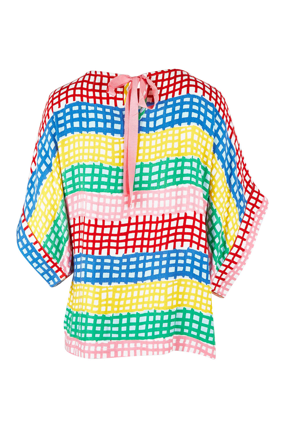 Product shot of the Tie Back Bell Sleeve Top in colour Hopscotch (Pink), from the back