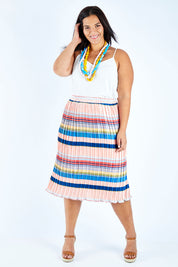 Model Lauren wearing size 18 of the Pleated Stripe Skirt in colour Pleated (Pink), from the front, showing the whole outfit