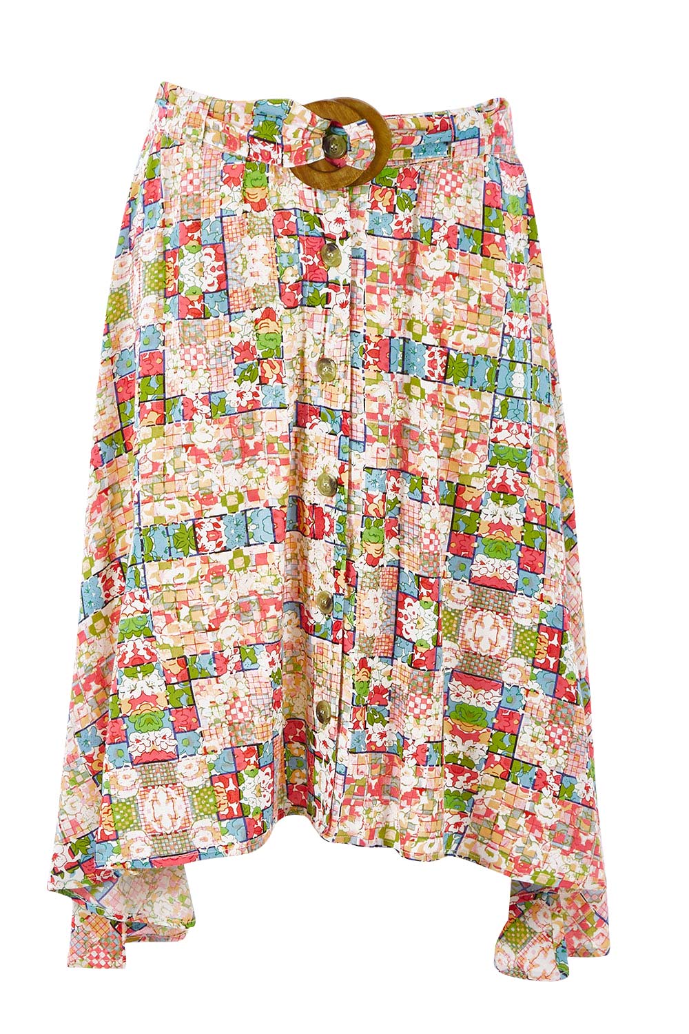 Product shot of the Belted Button Skirt in colour Patchmeup (Pink), from the front