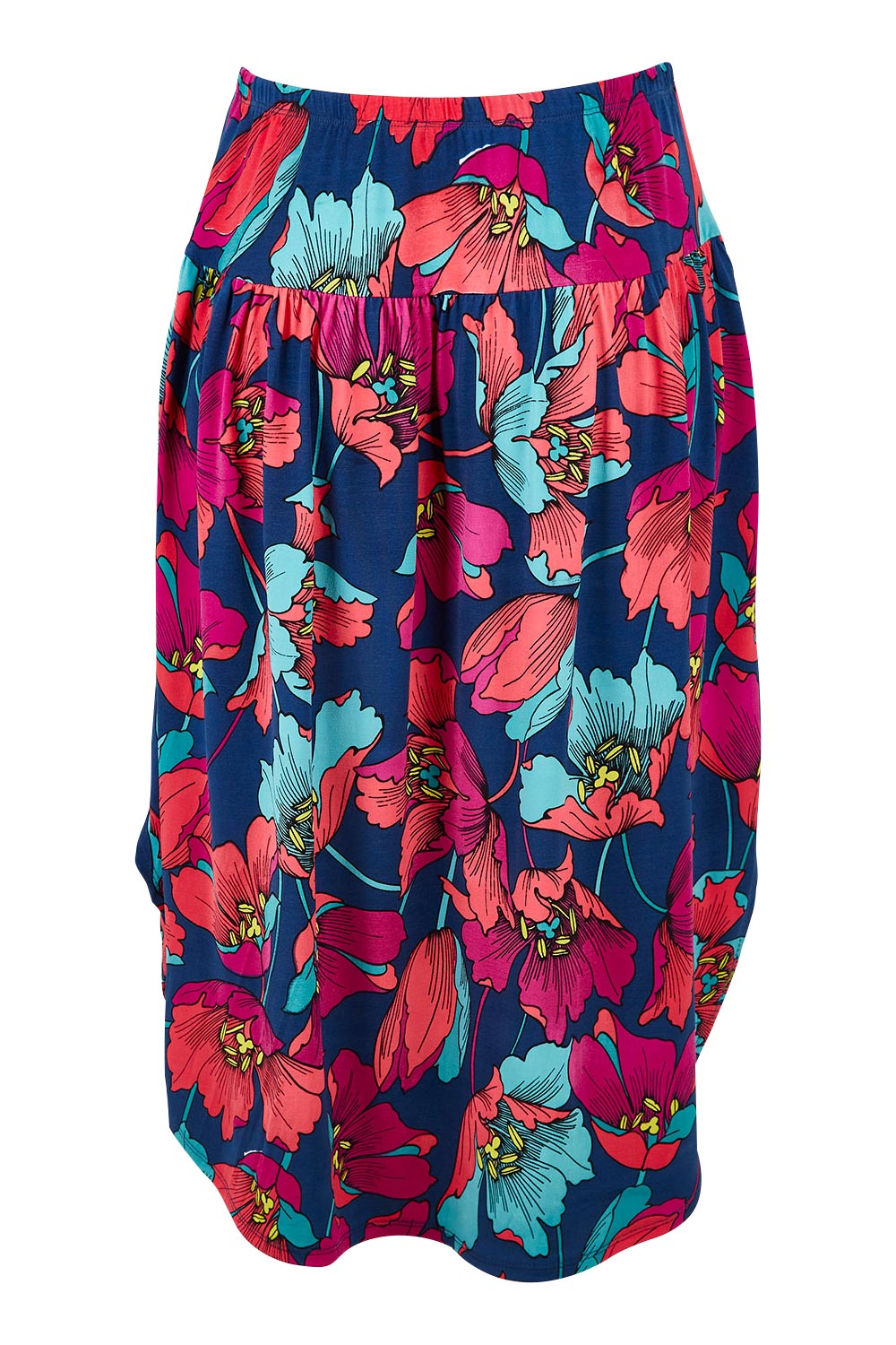 Product shot of the Elastic Waist Curved Hem Skirt in colour Lilly (Blue), from the back