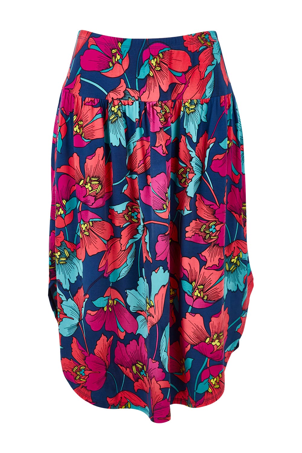 Product shot of the Elastic Waist Curved Hem Skirt in colour Lilly (Blue), from the front