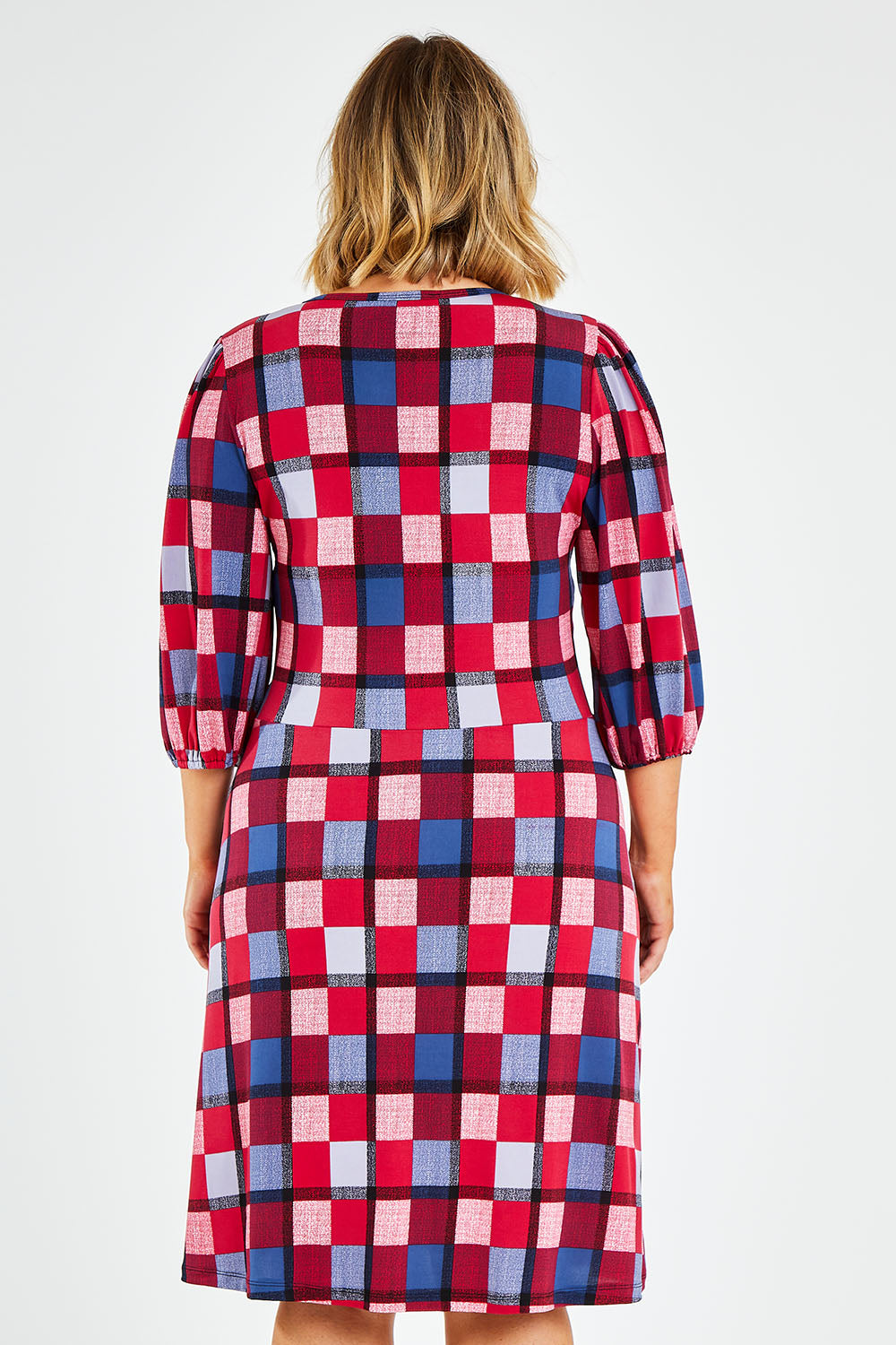 Model Jess wearing size 14 of the Gathered Waist Faux Wrap Dress in colour Checkered (Red), from the back