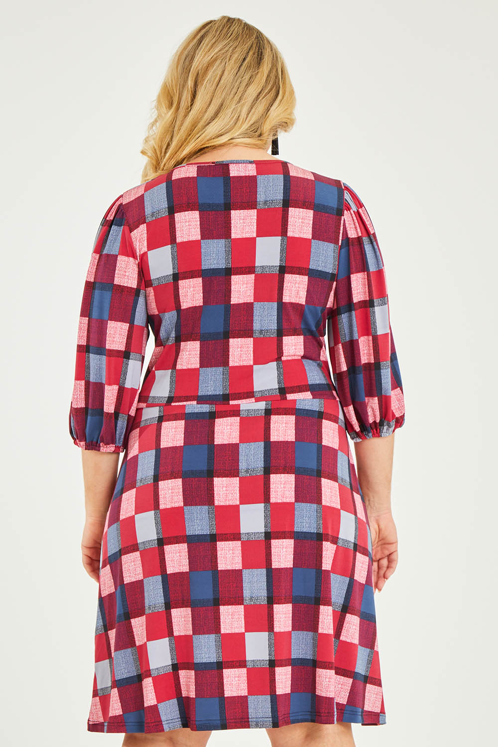 Model Katie wearing size 16 of the Gathered Waist Faux Wrap Dress in colour Checkered (Red), from the back