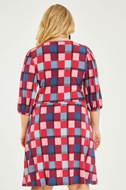 Model Katie wearing size 16 of the Gathered Waist Faux Wrap Dress in colour Checkered (Red), from the back