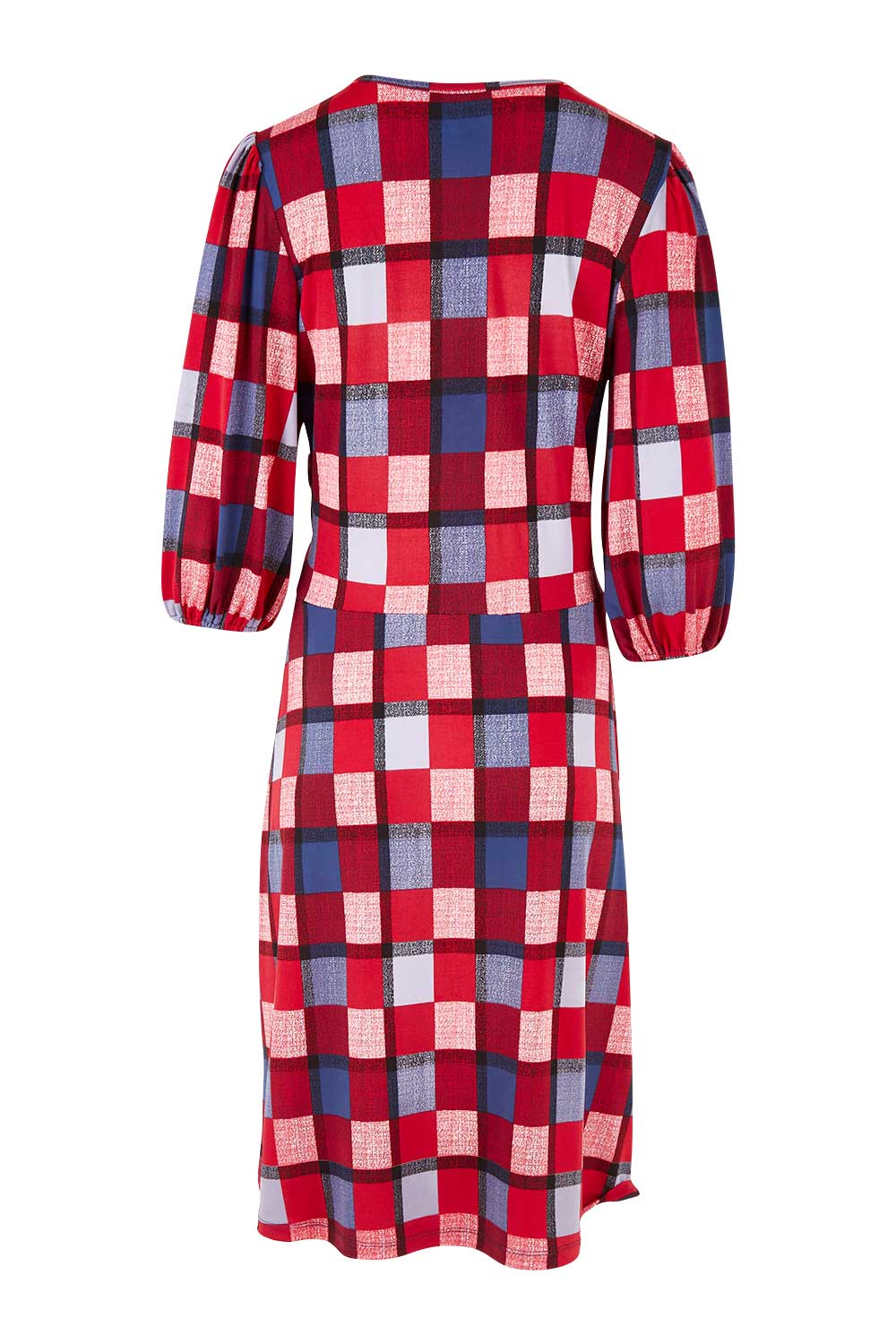 Product shot of the Gathered Waist Faux Wrap Dress in colour Checkered (Red), from the back
