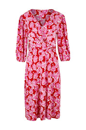Product shot of the Gathered Waist Faux Wrap Dress in colour Roses (Red), from the front