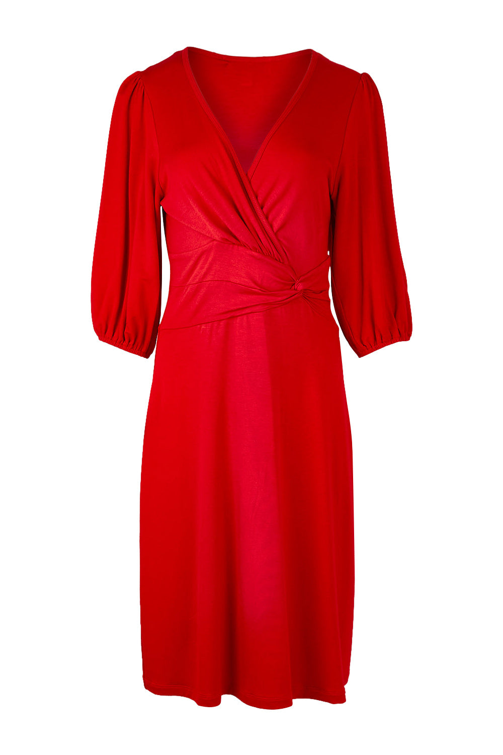 Product shot of the Gathered Waist Faux Wrap Dress in colour Flame (Red), from the front