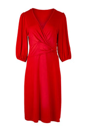 Product shot of the Gathered Waist Faux Wrap Dress in colour Flame (Red), from the front