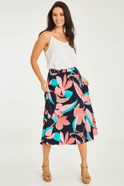Model Stacey wearing size 10 of the Printed Calf Length Full Skirt in colour Pastels (Blue), from the front, showing the whole outfit