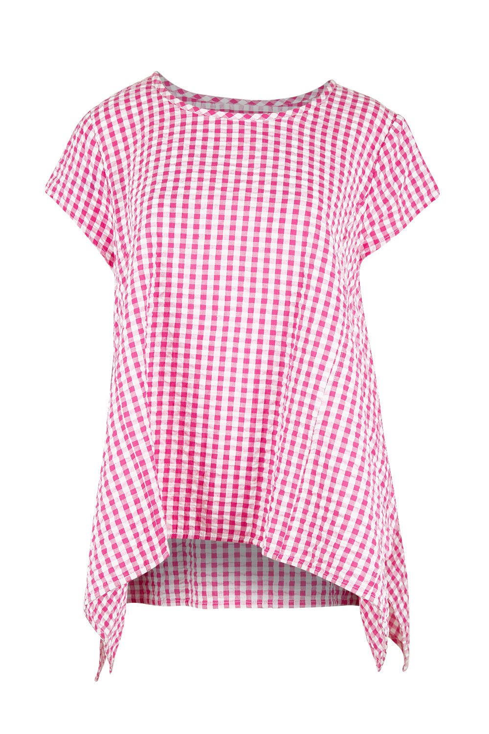 Product shot of the Gingham Drape Top in colour Gingham (Pink), from the front