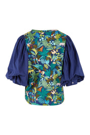 Product shot of the Printed Full Sleeve Top in colour Jungle (Blue), from the back