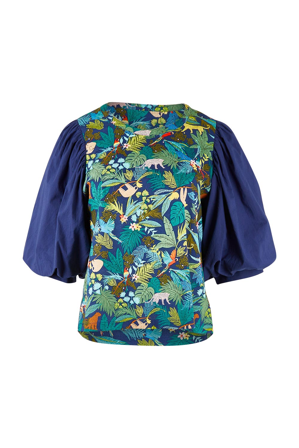 Product shot of the Printed Full Sleeve Top in colour Jungle (Blue), from the front