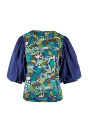 Product shot of the Printed Full Sleeve Top in colour Jungle (Blue), from the front