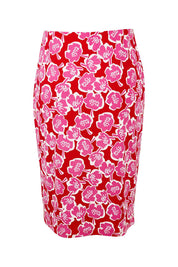 Product shot of the Printed Tube Skirt in colour Roses (Red), from the back