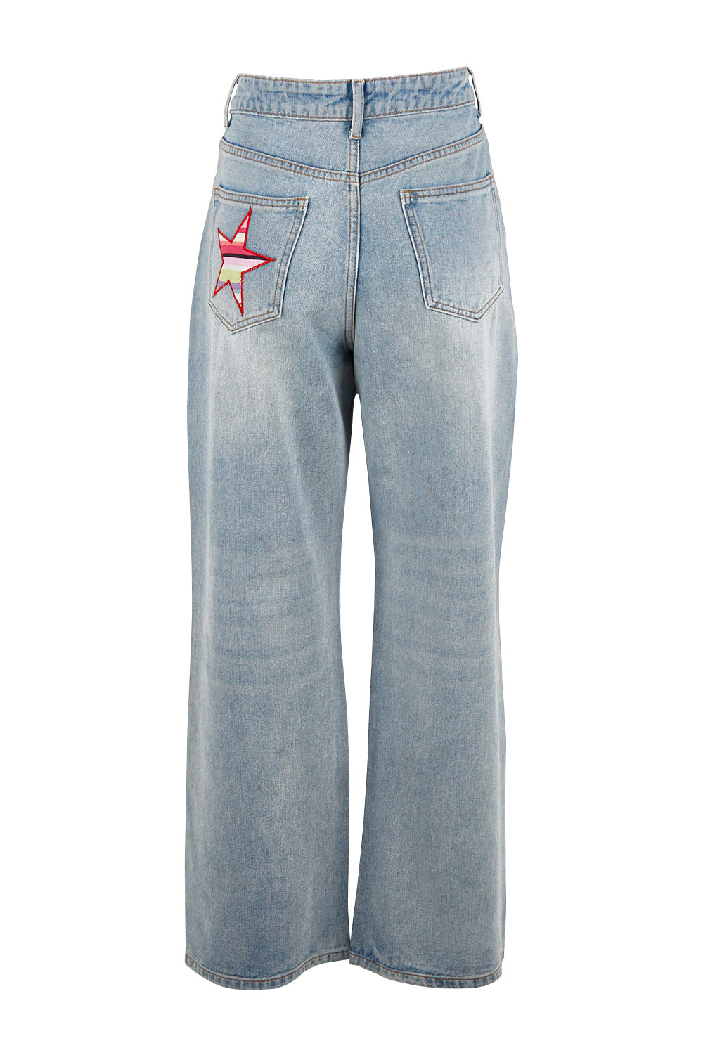 Product shot of the Patch Denim High Waisted Jeans in colour Denim (Blue), from the back