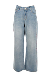 Product shot of the Patch Denim High Waisted Jeans in colour Denim (Blue), from the front