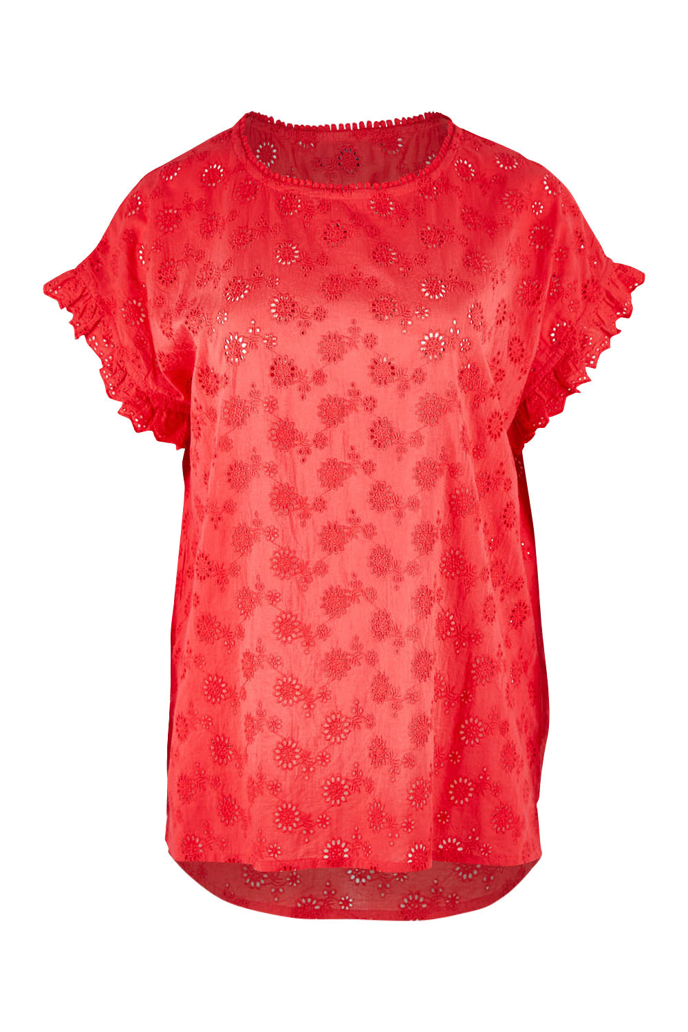 Product shot of the Lace Trim Shell Top in colour Lace (Red), from the front