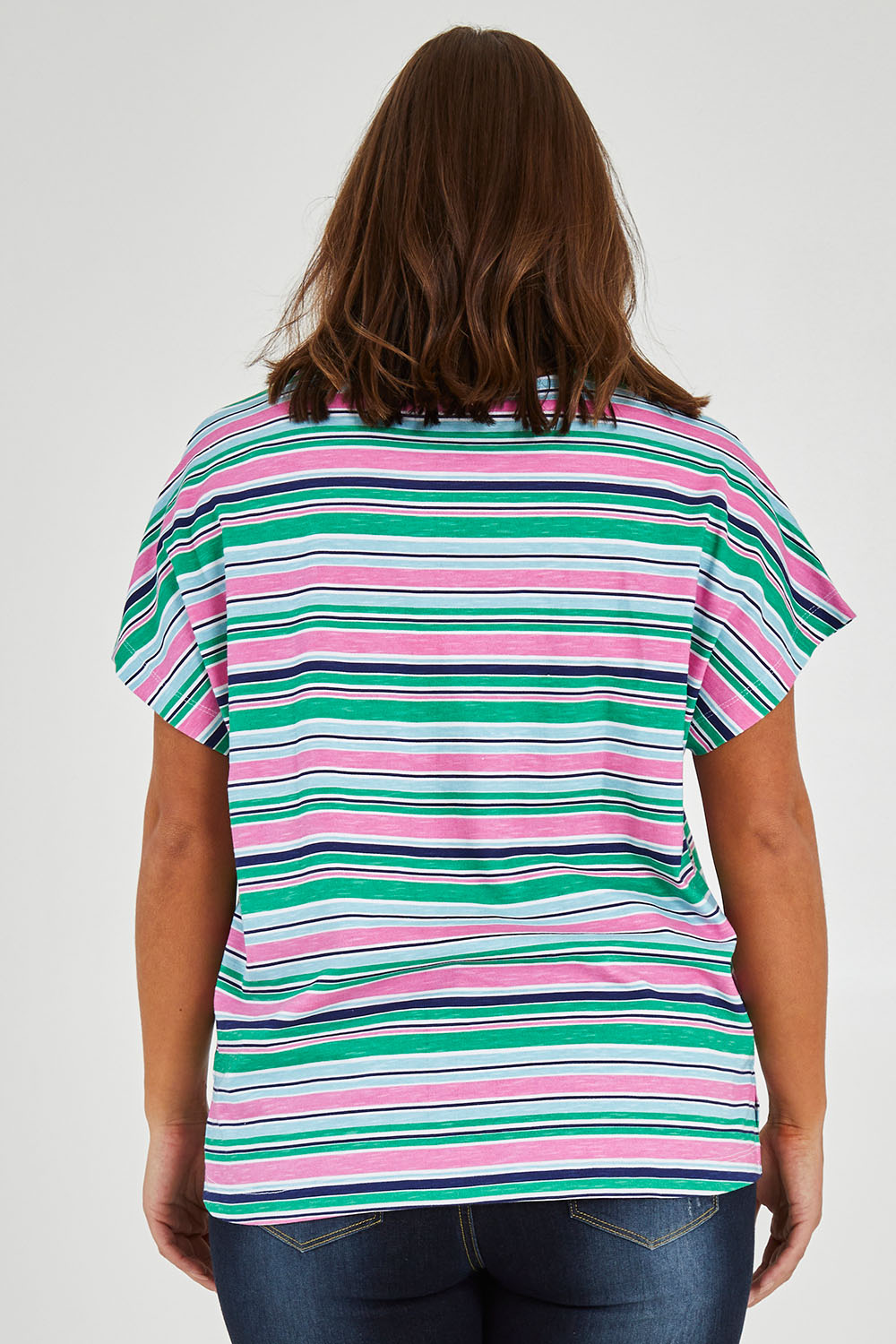 Model Monique wearing size 14 of the Striped Slouch Top in colour Striped (White), from the back