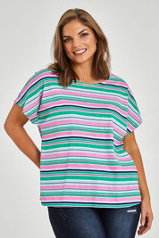 Model Monique wearing size 14 of the Striped Slouch Top in colour Striped (White), from the front, cropped image