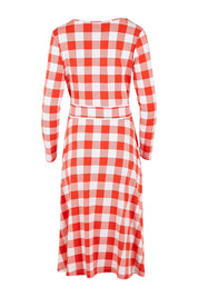 Product shot of the Printed Faux Wrap Dress in colour Redcheck (Red), from the back
