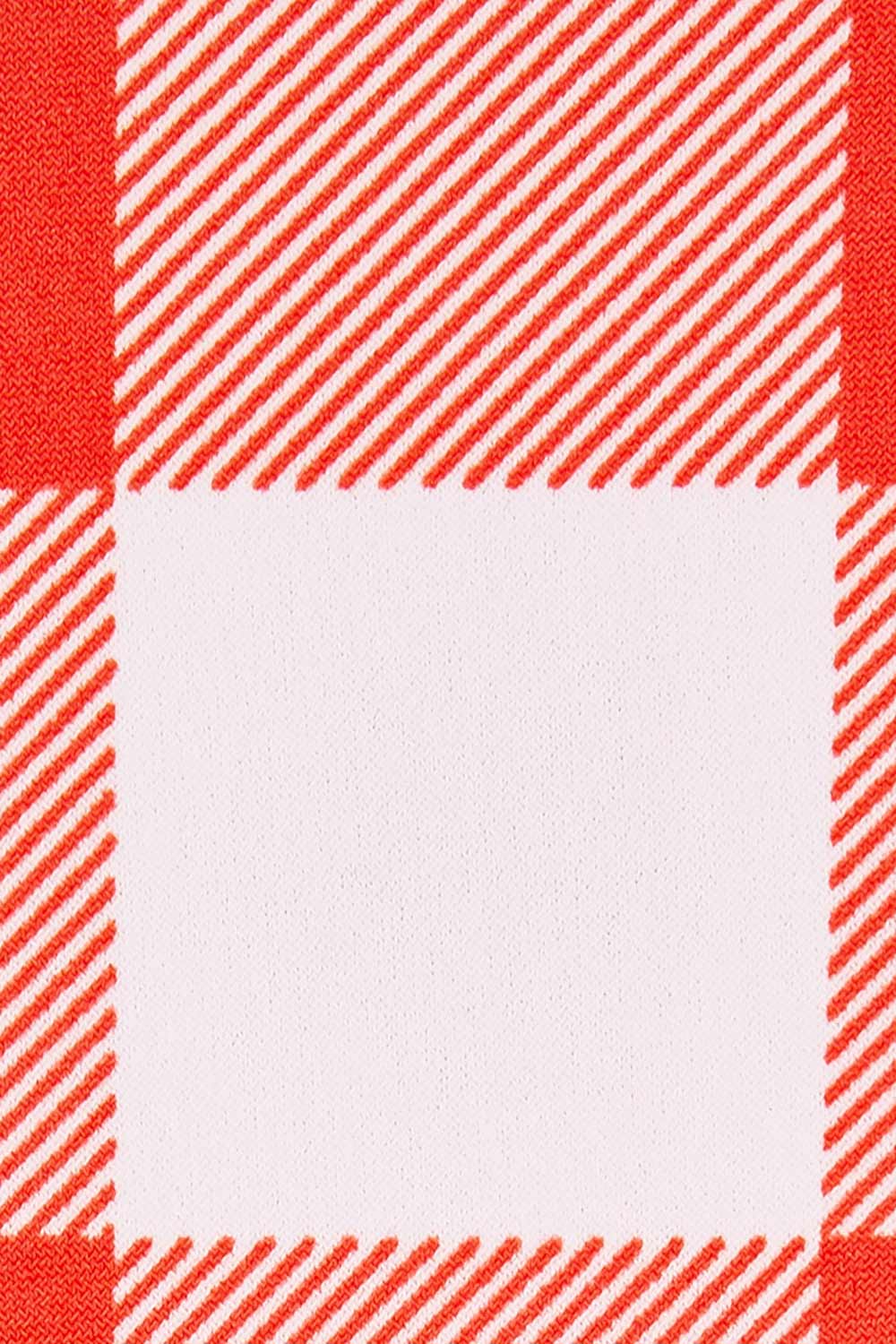 Product shot of the Printed Faux Wrap Dress in colour Redcheck (Red), detail
