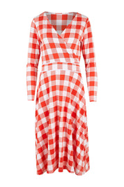 Product shot of the Printed Faux Wrap Dress in colour Redcheck (Red), from the front