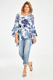 Model Naomi wearing size S of the Cuba Top in colour Blueprint (Blue), from the front, showing the whole outfit