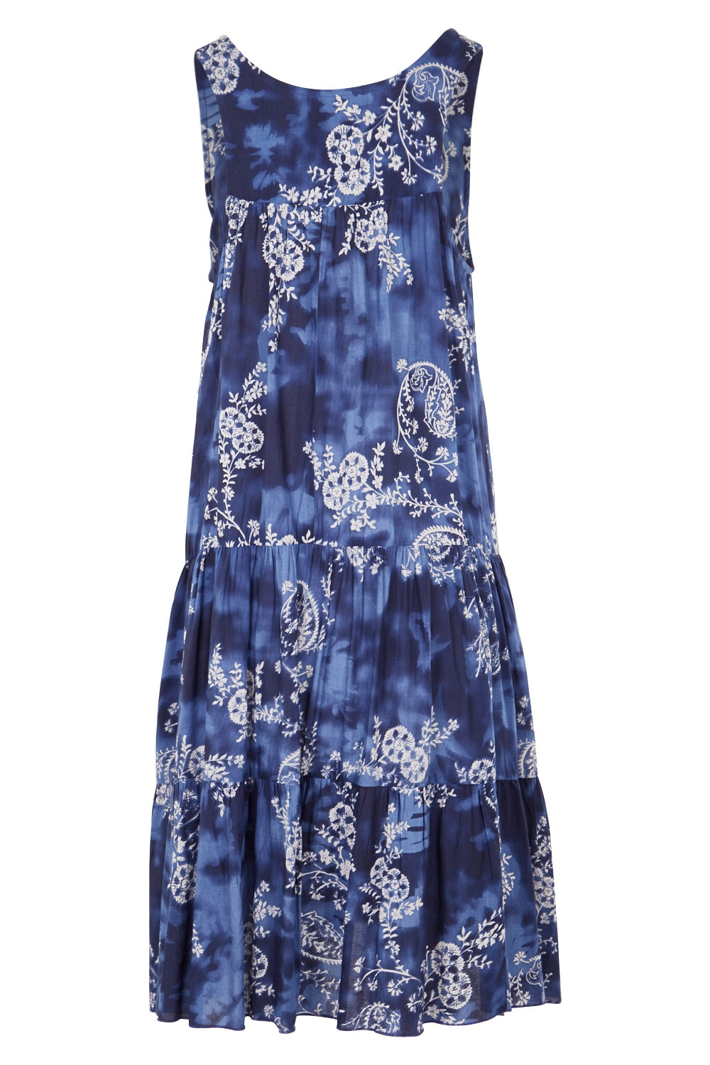 Product shot of the Mirimar Dress in colour Lantana (Blue), from the back
