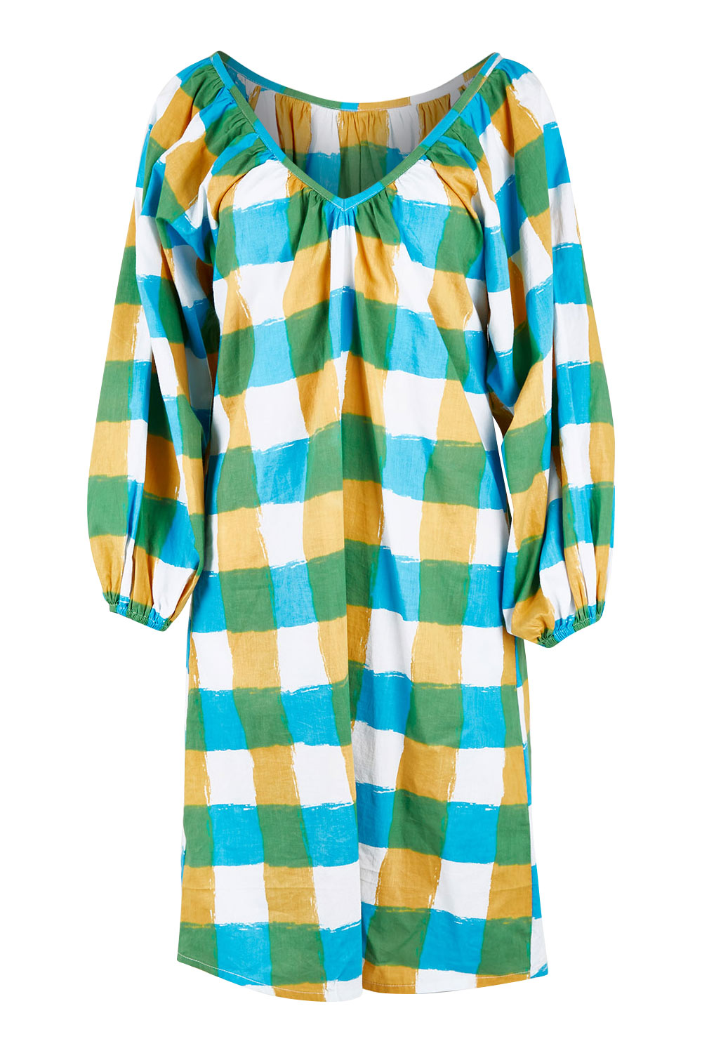 Product shot of the Bloom Dress in colour Checkocean (Blue), from the front