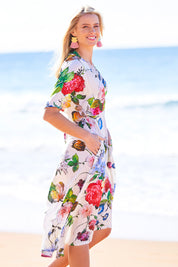 Model Maddy wearing size S of the Swanson Dress in colour CastleCr (White), from the front, showing the whole outfit