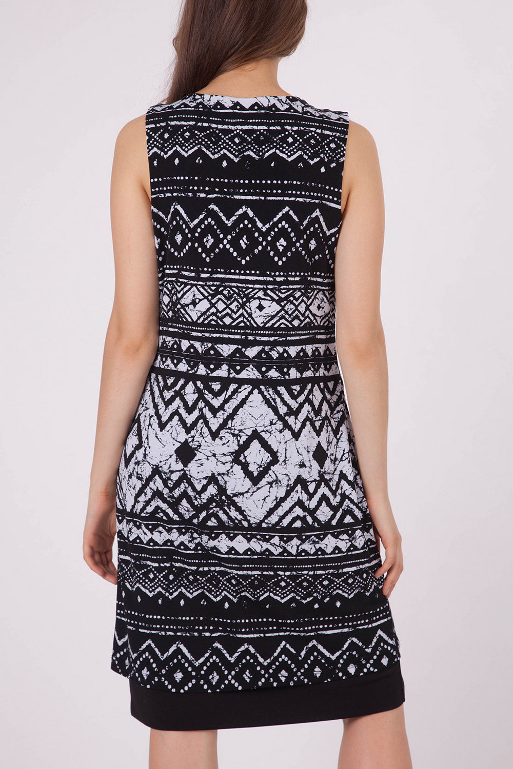 A model wearing the Lexington Panel Detail Dress in colour Prints (Black), from the back