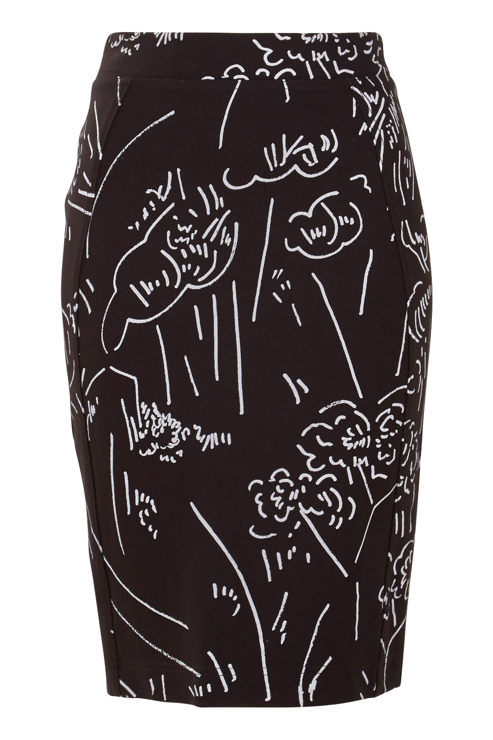 Product shot of the Print Ponti Pencil Skirt in colour Sketch (Black), from the front