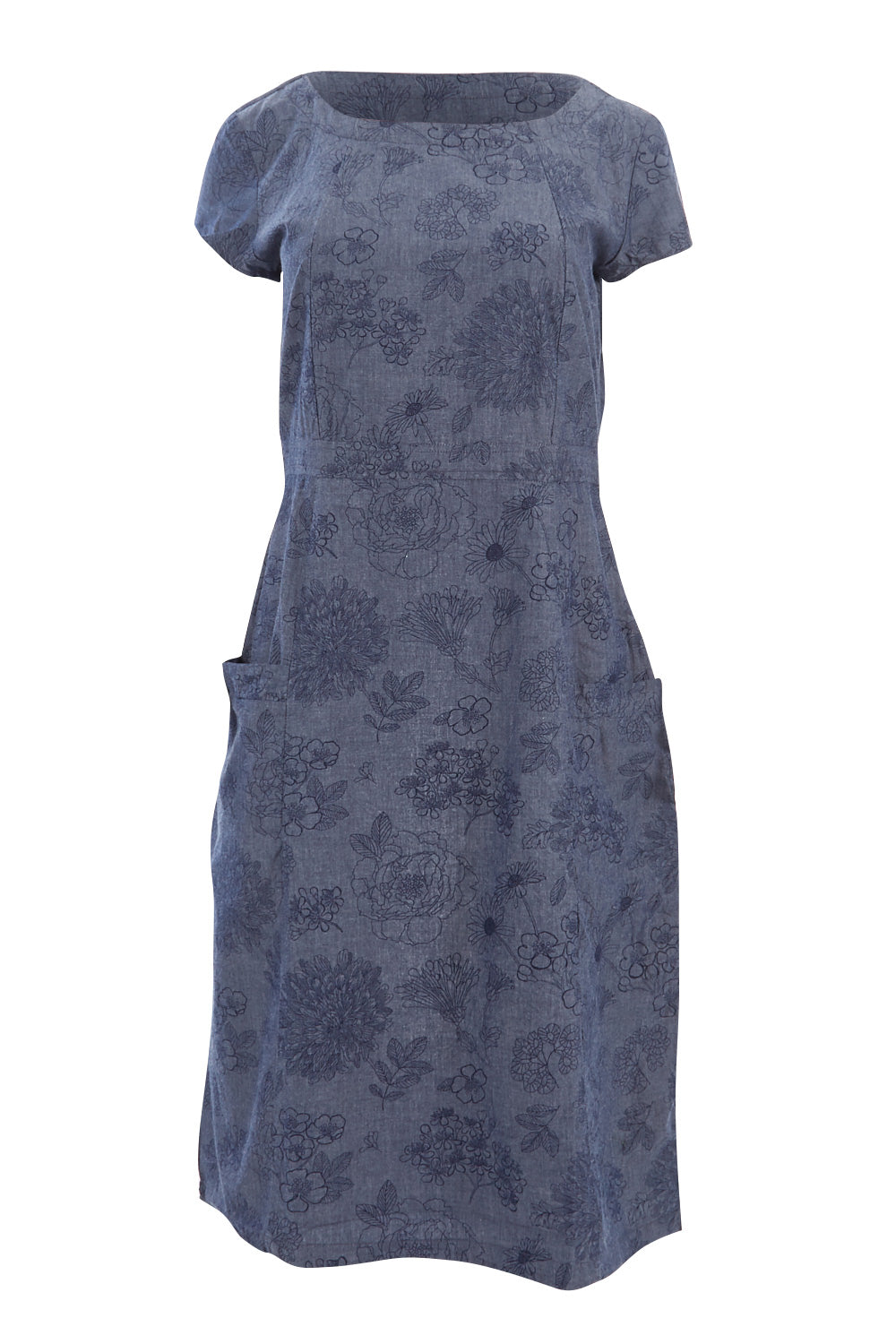 Product shot of the Victoria Dress in colour LinearFlor (Blue), from the front