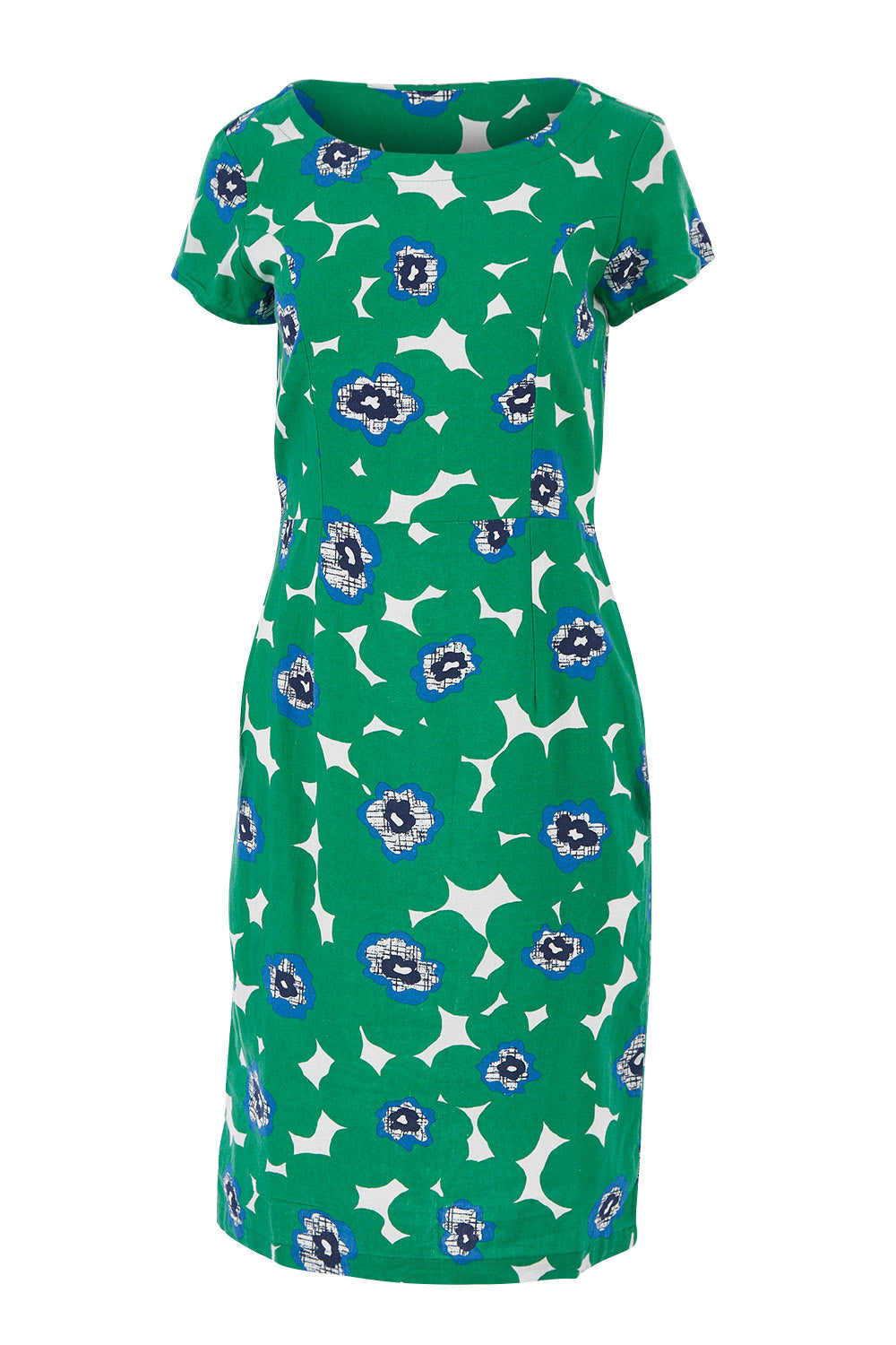 Product shot of the St Austell Dress in colour Modrnflorl (Green), from the front