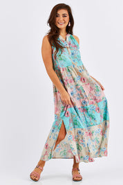 Model Chesska wearing size S of the Sayan Maxi Dress in colour Multi (Blue), from the front, showing the whole outfit