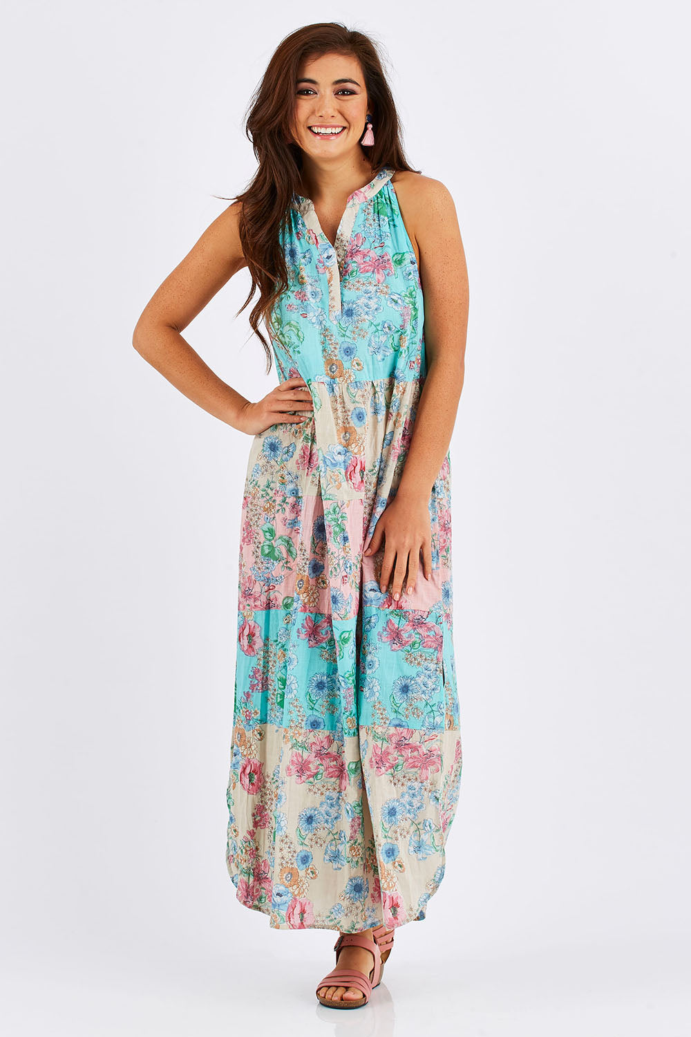 Model Chesska wearing size S of the Sayan Maxi Dress in colour Multi (Blue), from the front, showing the whole outfit