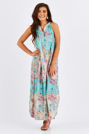 Model Chesska wearing size S of the Sayan Maxi Dress in colour Multi (Blue), from the front, showing the whole outfit