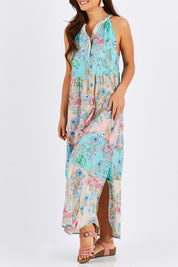 Model Chesska wearing size S of the Sayan Maxi Dress in colour Multi (Blue), from the front, showing the whole outfit