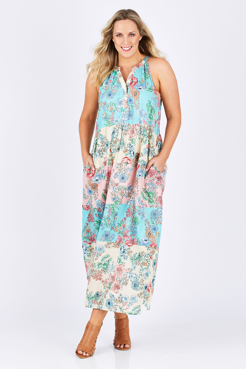 Model Jess wearing size L of the Sayan Maxi Dress in colour Multi (Blue), from the front, showing the whole outfit