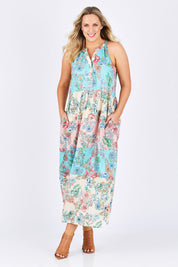 Model Jess wearing size L of the Sayan Maxi Dress in colour Multi (Blue), from the front, showing the whole outfit