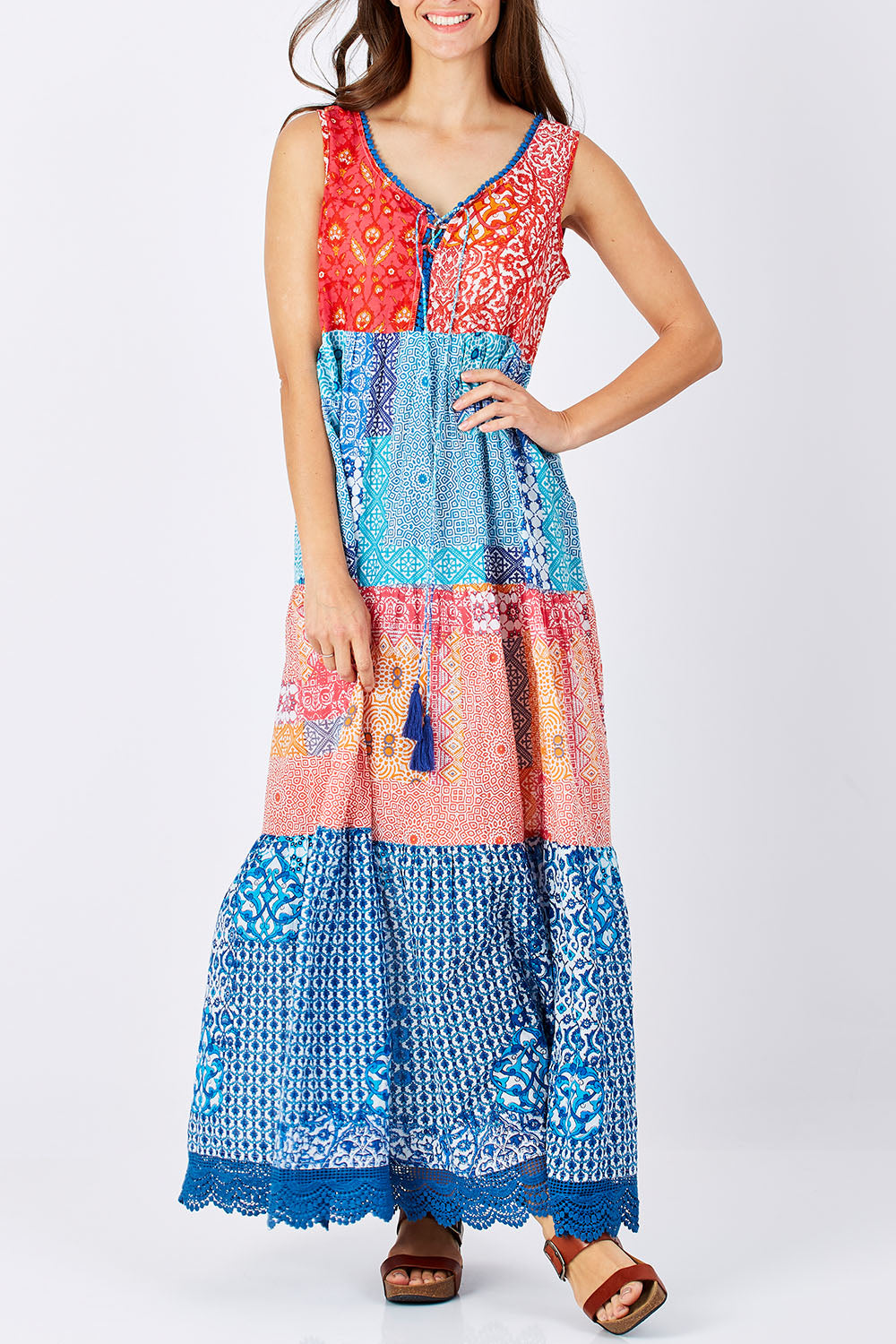 Model Anna wearing size S of the Galleria Panel Dress in colour Multi (Blue), from the front, cropped image