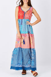 Model Anna wearing size S of the Galleria Panel Dress in colour Multi (Blue), from the front, cropped image