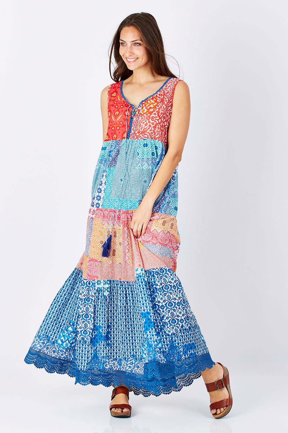 Model Anna wearing size S of the Galleria Panel Dress in colour Multi (Blue), from the front, showing the whole outfit