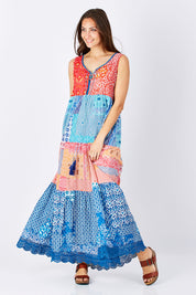 Model Anna wearing size S of the Galleria Panel Dress in colour Multi (Blue), from the front, showing the whole outfit