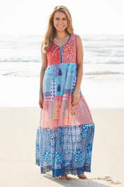 Model Marnee wearing size S of the Galleria Panel Dress in colour Multi (Blue), from the front, showing the whole outfit