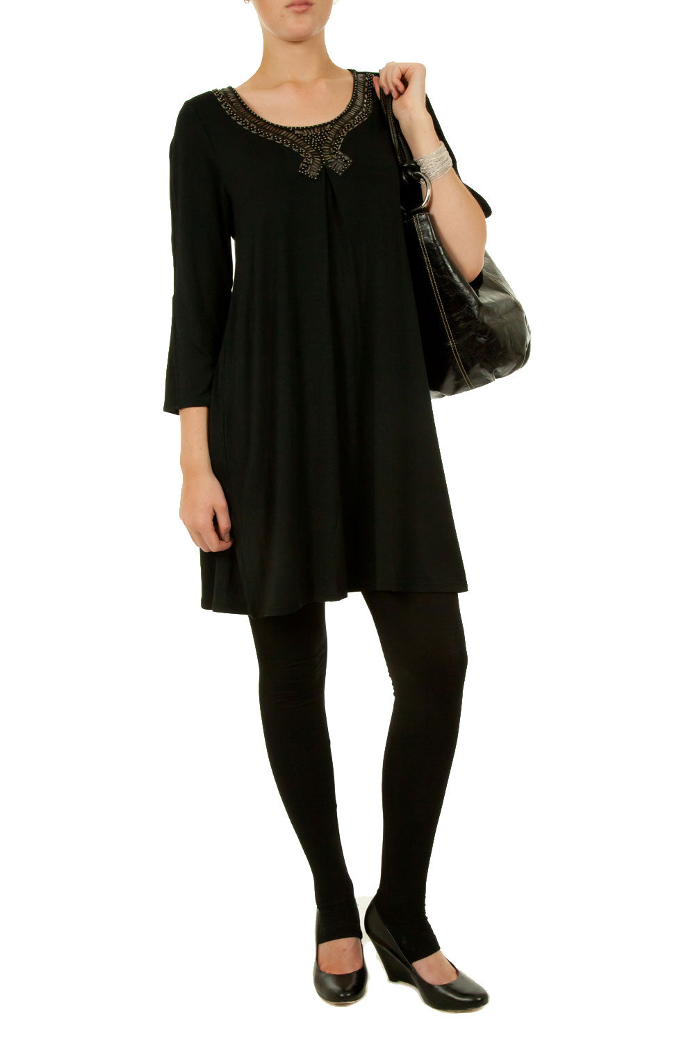 Preloved 3/4 Sleeve Beaded Trim Tunic - Black