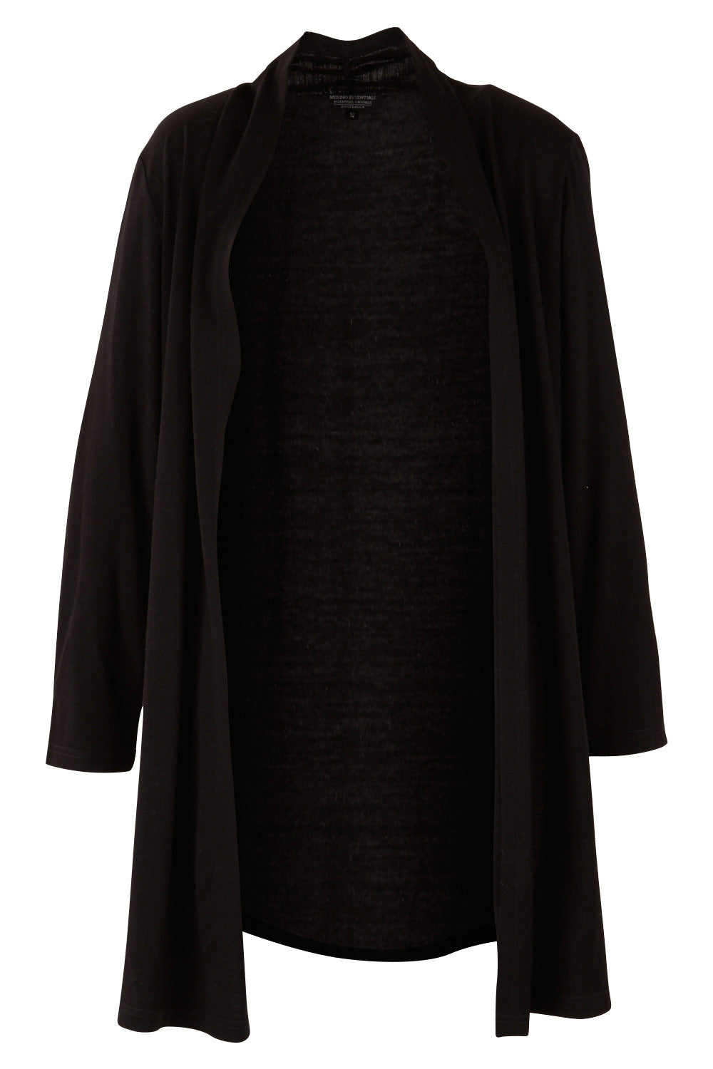 Product shot of the Merino Long Cardigan in colour Black (Black), from the front