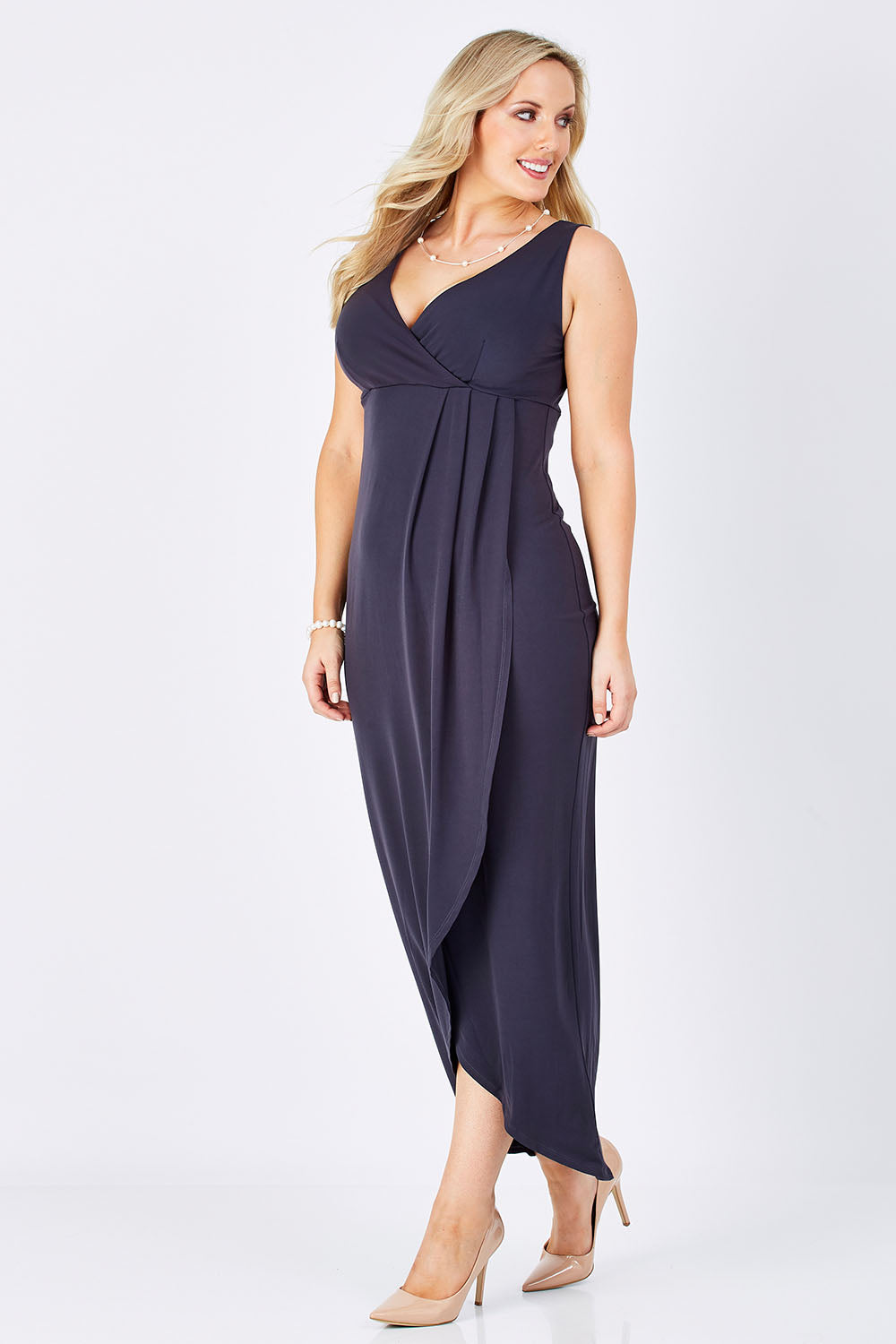 Model Jess wearing size 12 of the Phillipa in colour Thunder (Grey), from the front, showing the whole outfit