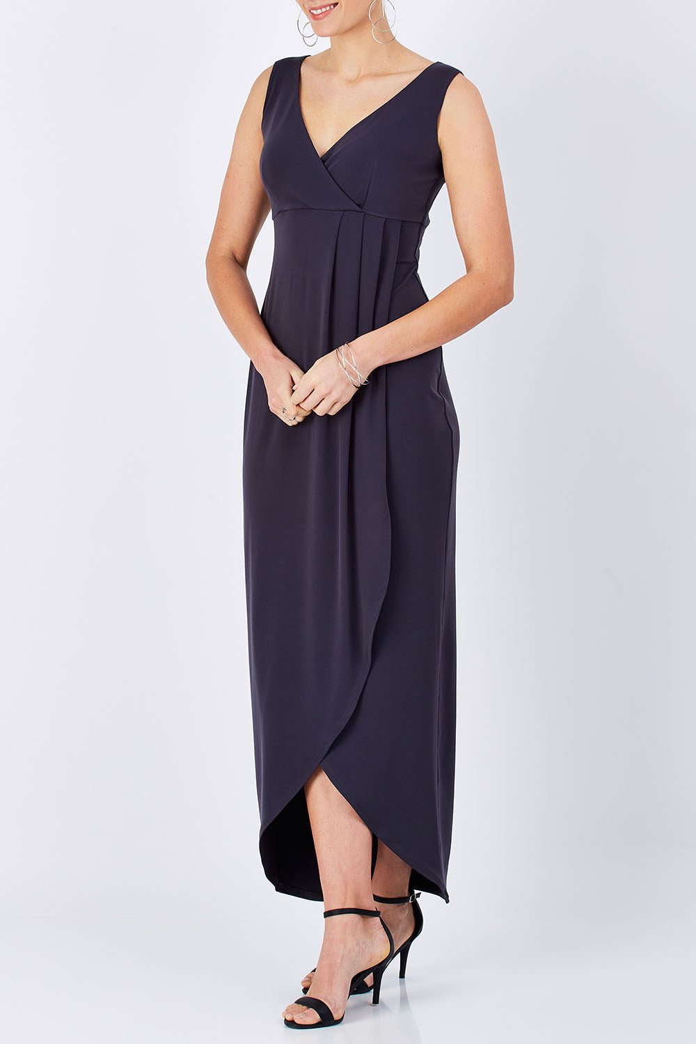 Model Maddy wearing size 10 of the Phillipa in colour Thunder (Grey), from the front, cropped image