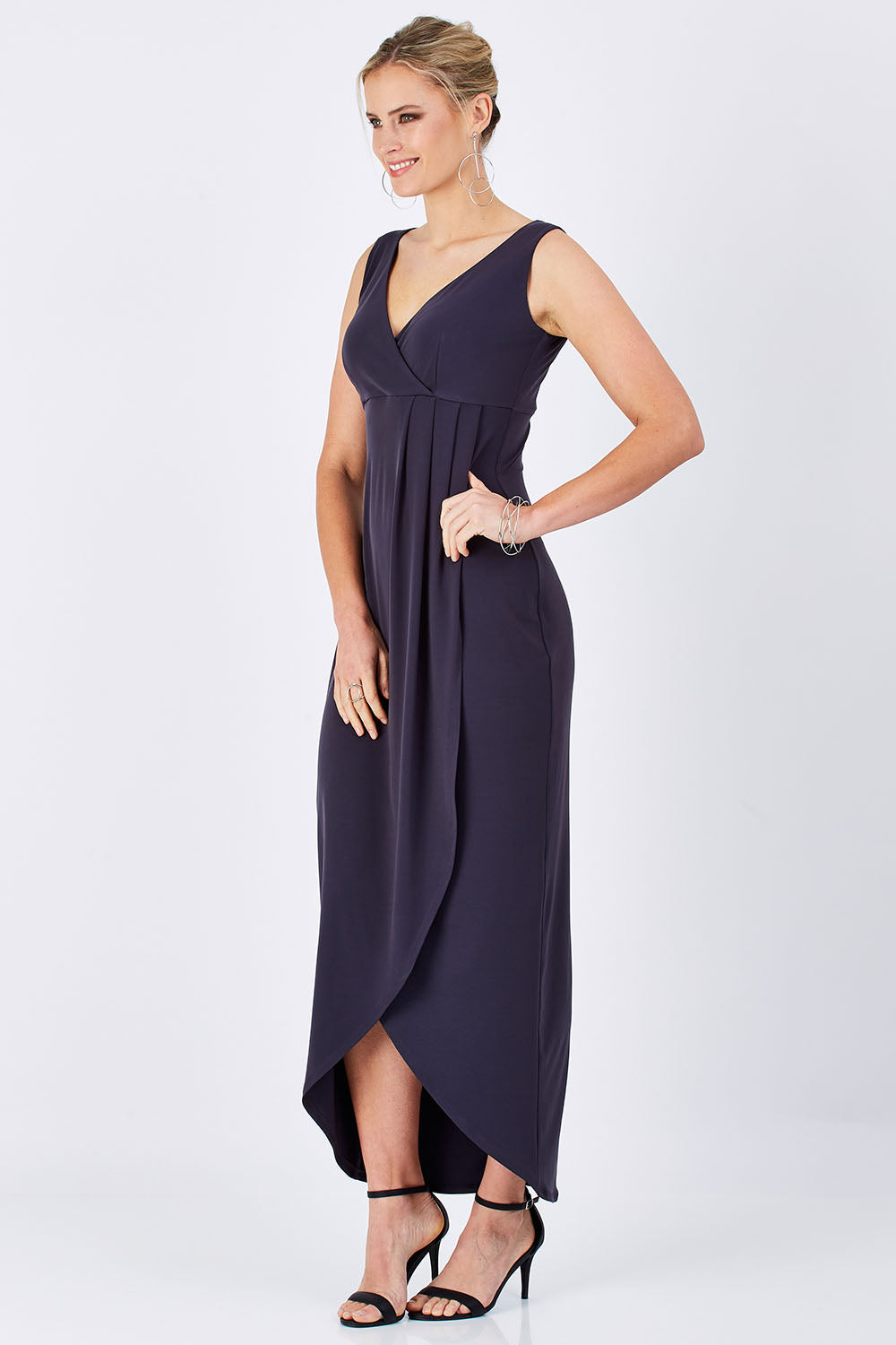 Model Maddy wearing size 10 of the Phillipa in colour Thunder (Grey), from the front, showing the whole outfit
